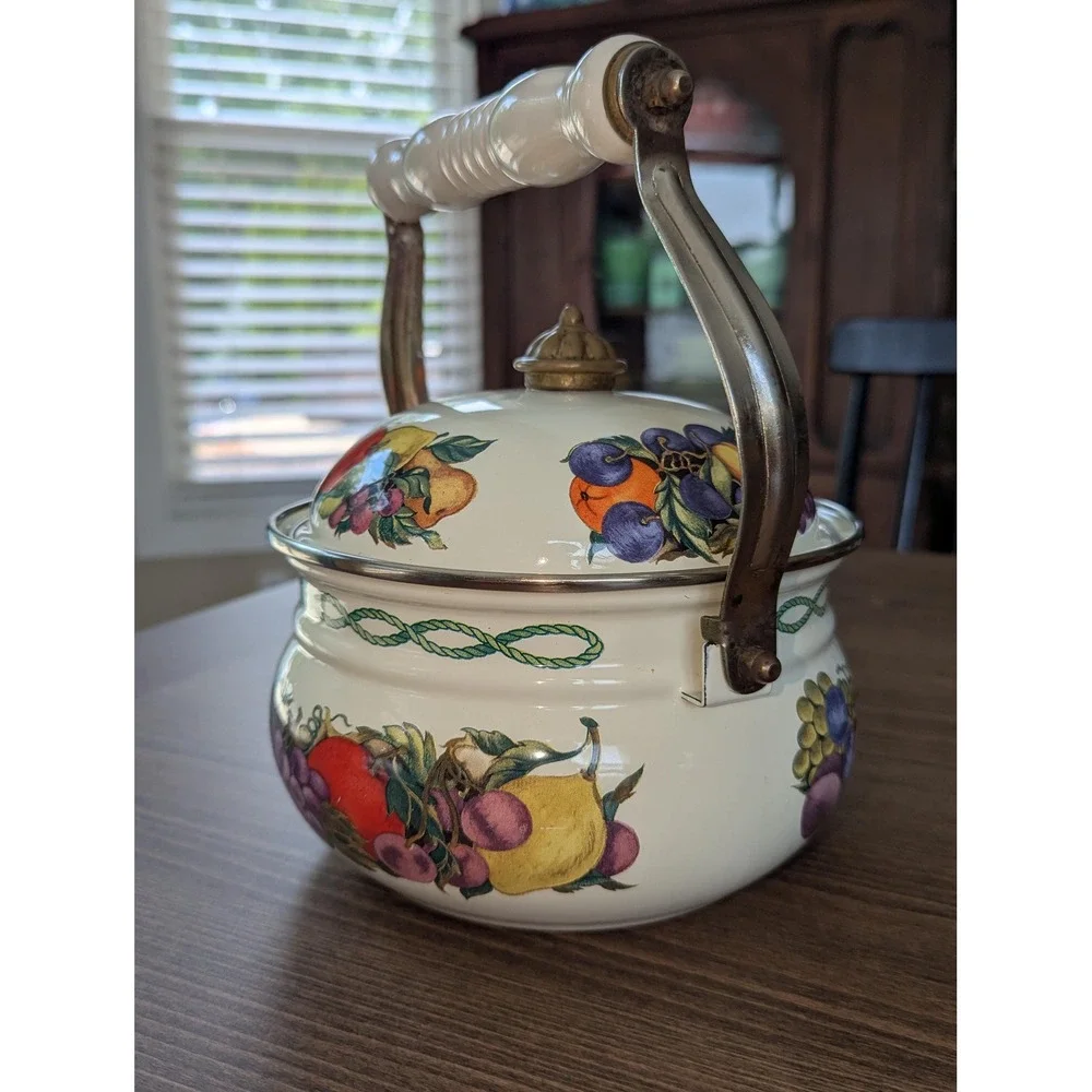 Vintage Lincoln Ware Style Enamel Tea Kettle Fruit Pattern Farmhouse Decor